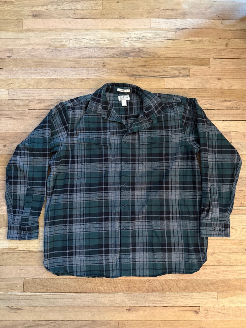 L.L. Bean Dark Green and Gray Plaid Flannel Button-Down Shirt